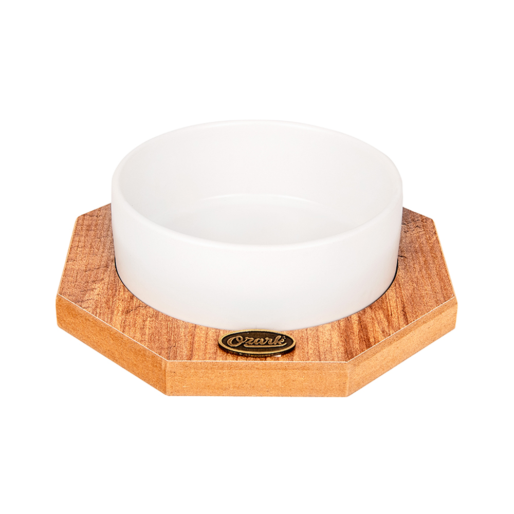 PetVoda Ozark Sekizgen Ahşap Standlı Seramik Beyaz Mama ve Su Kabı (400 ml)